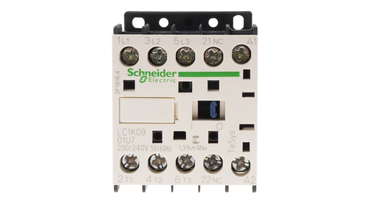 Contattore Schneider Electric LC1K0901U7, 3 poli, 9 A, bobina 230 V, dimensioni 45x58x57 mm, terminali a vite.