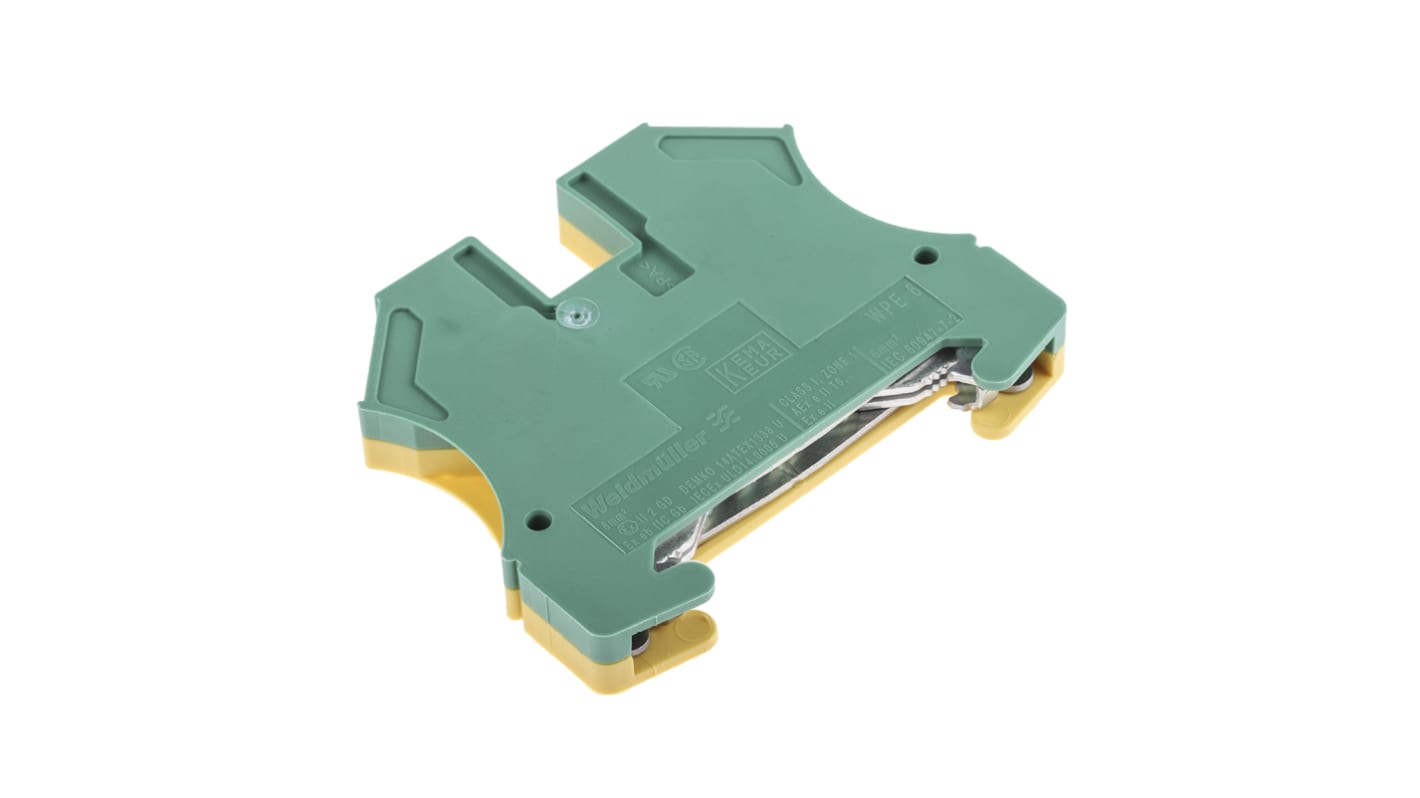 Morsetto di terra Weidmüller - 1010200000, Verde/Giallo, Serie WPE per guida DIN. Isolamento protettivo, collegamento a vite. Adatto a cavi da 20 a 8 AWG. Alta conduttività.