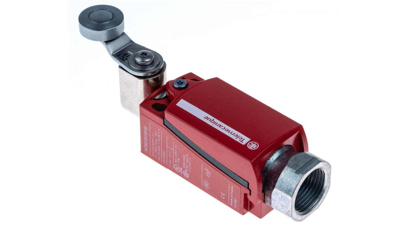 Interruttore di interblocco Telemecanique Sensors XCSD3919P20, leva a rullo, 2NC/1NA, protezione IP66/IP67, dimensioni 122x34x35mm.