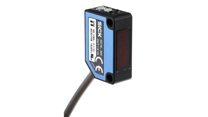 Sensore fotoelettrico rettangolare Sick WL100L-F1131 a retroriflessione, rilevamento fino a 12 m, montaggio a pannello, IP65.
