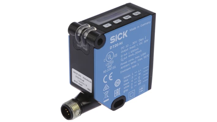 Sick DT20-P214B, sensore di distanza rettangolare con rilevamento da 100 mm a 600 mm, montaggio a pannello, uscita 4-20 mA.