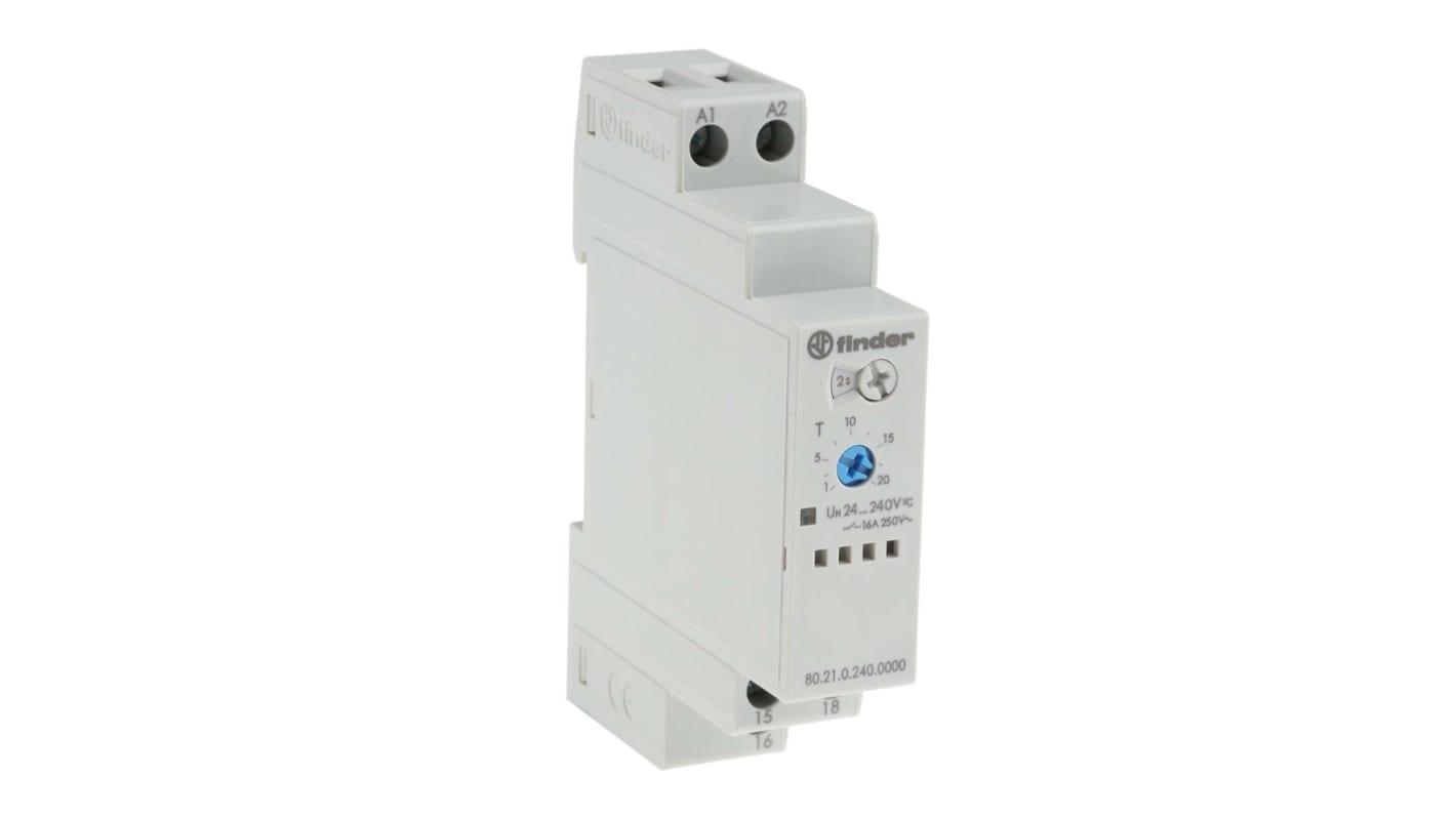 Finder Timer Relay SPDT per guida DIN, intervallo 0.1-24 ore, alimentazione 24-240V, dimensioni 17.5x60.8x84mm.