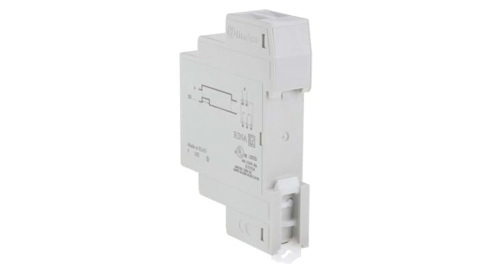 Finder Timer Relay SPDT per guida DIN, intervallo 0.1-24 ore, alimentazione 24-240V, dimensioni 17.5x60.8x84mm.
