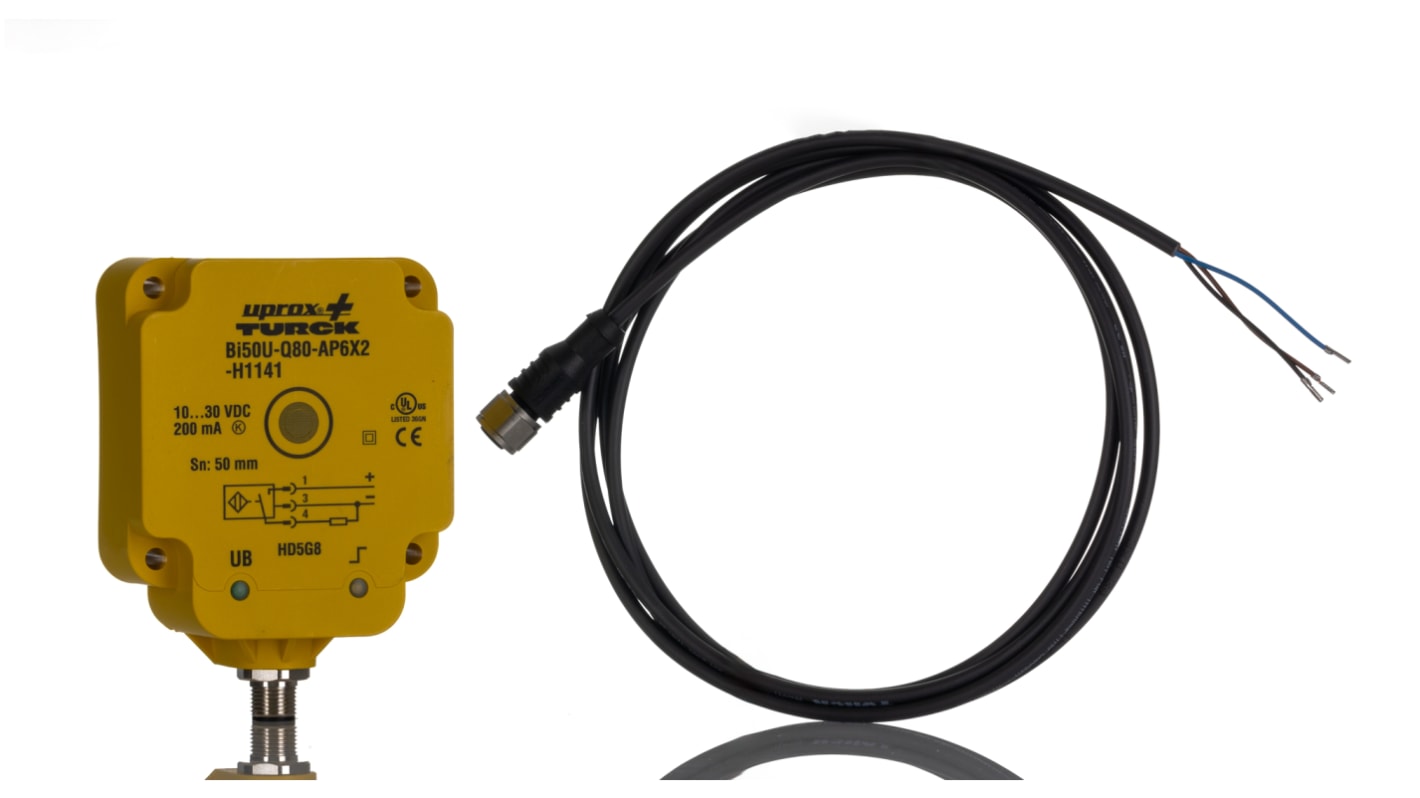 Sensore di prossimità PNP Turck BI50U-Q80-AP6X2-H1141, induttivo, IP68, 50 mm di rilevamento, montaggio a filo.