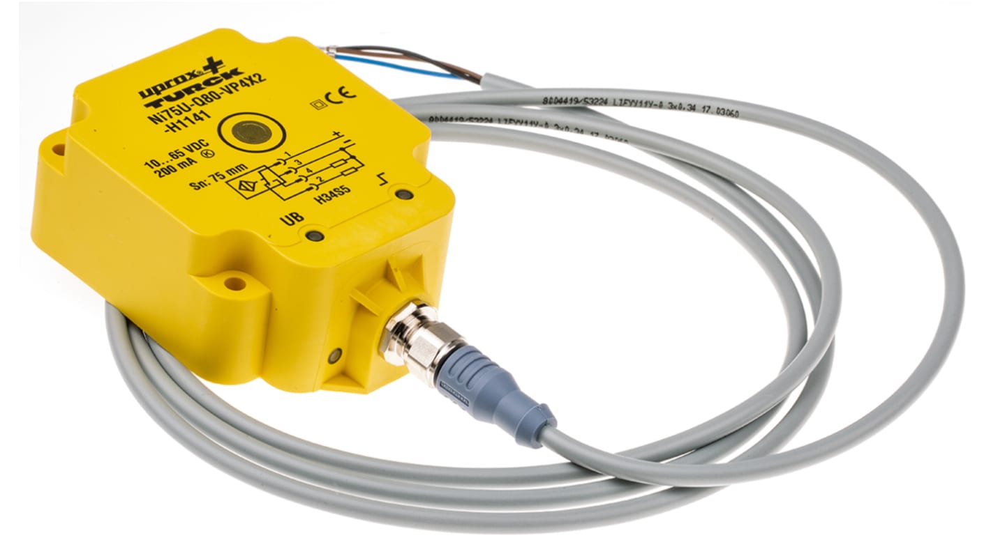 Sensore di prossimità PNP Turck NI75U-Q80-VP4X2-H1141, induttivo, 70 mm, IP68, 10-65 V c.c., 80 x 80 x 114 mm.