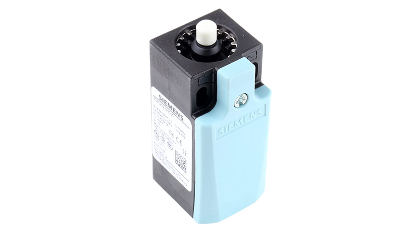 Interruttore di fine corsa Siemens 3SE5232-0HC05, attuatore stantuffo NO/NC, protezione IP65, dimensioni 75.7x31x33 mm.