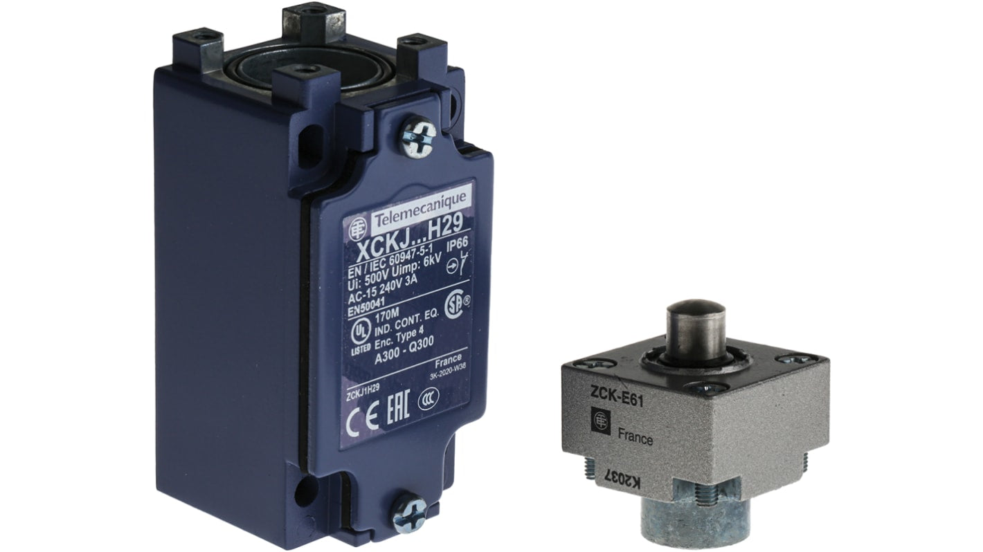 Interruttore di fine corsa Telemecanique Sensors XCKJ161, stantuffo NO/NC, protezione IP66, dimensioni 77x44x40 mm.