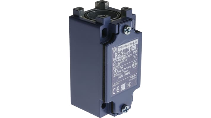 Interruttore di fine corsa Telemecanique Sensors XCKJ161, stantuffo NO/NC, protezione IP66, dimensioni 77x44x40 mm.