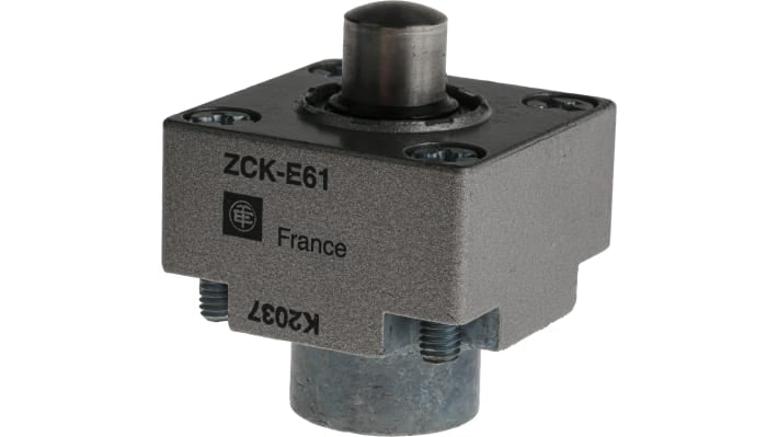 Interruttore di fine corsa Telemecanique Sensors XCKJ161, stantuffo NO/NC, protezione IP66, dimensioni 77x44x40 mm.