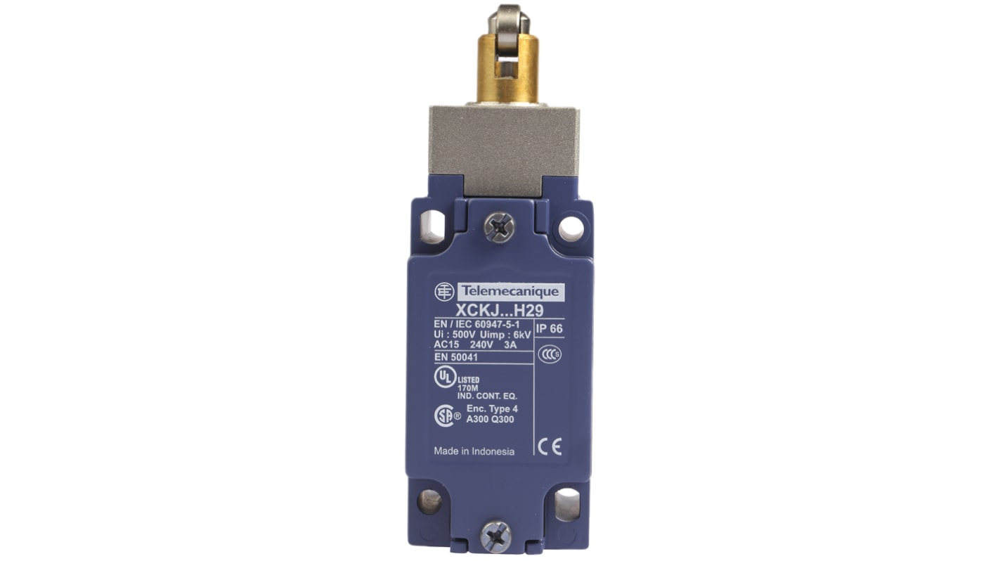 Interruttore di fine corsa Telemecanique Sensors XCKJ167H29, stantuffo NO/NC, protezione IP66, dimensioni 77mm x 40mm x 44mm.