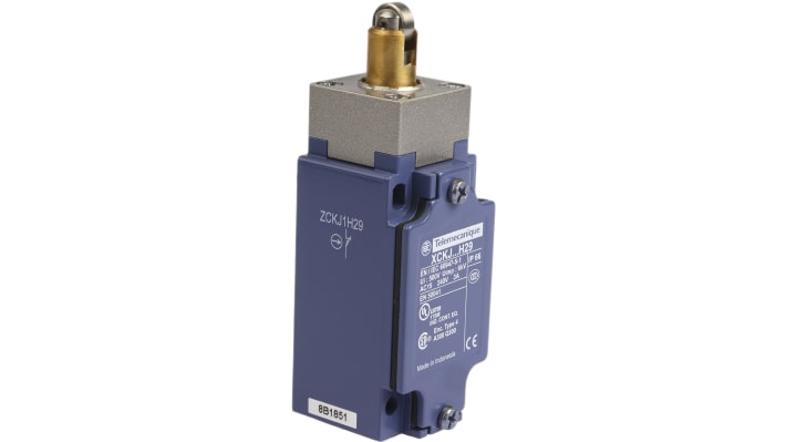 Interruttore di fine corsa Telemecanique Sensors XCKJ167H29, stantuffo NO/NC, protezione IP66, dimensioni 77mm x 40mm x 44mm.