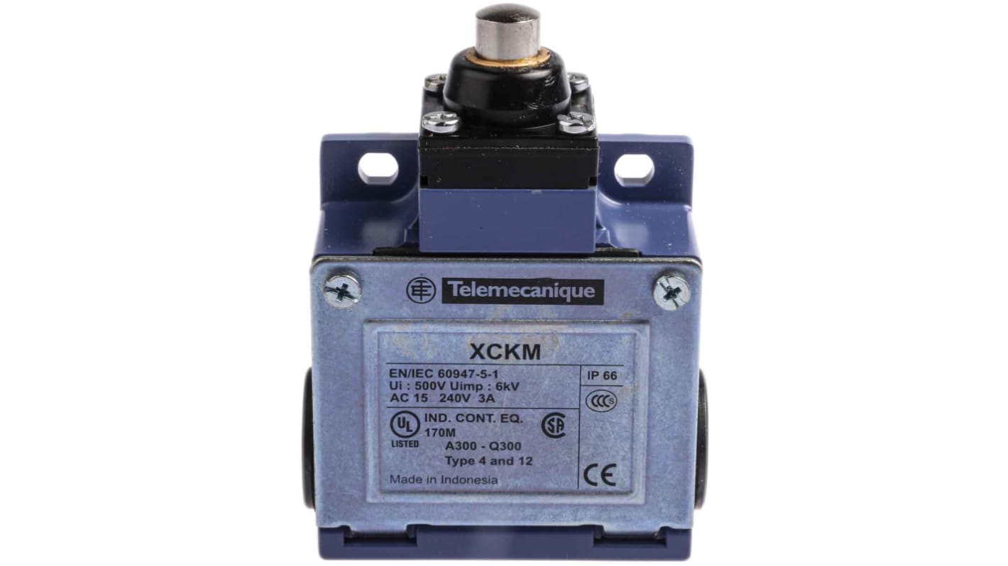Interruttore di fine corsa Telemecanique XCKM110H29 - Stantuffo NO/NC 240V 10A IP66. Ideale per scale mobili e assemblaggio elettrico.