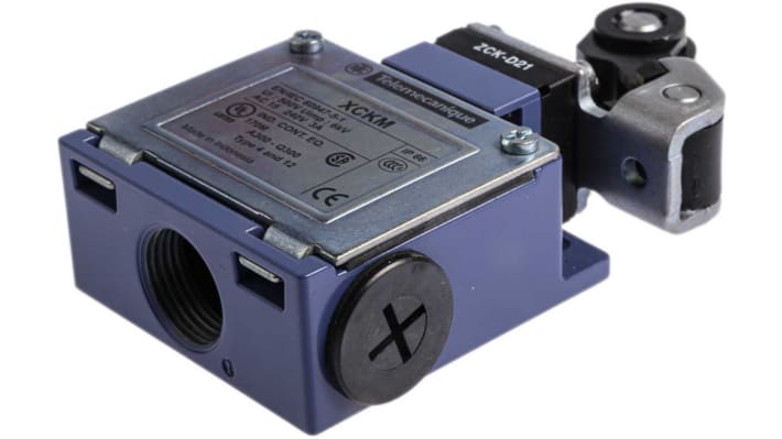 Interruttore di fine corsa Telemecanique Sensors XCKM121H29, stantuffo NO/NC, IP66, 240V, 10A, dimensioni 64x63x30mm.