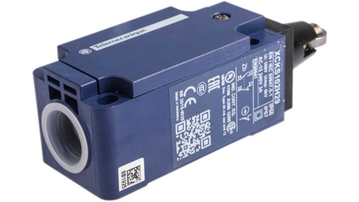 Interruttore di fine corsa Telemecanique Sensors XCKS102H29, stantuffo NO/NC, IP65, 240V, 3A, dimensioni 72.5mm x 40mm x 36mm.