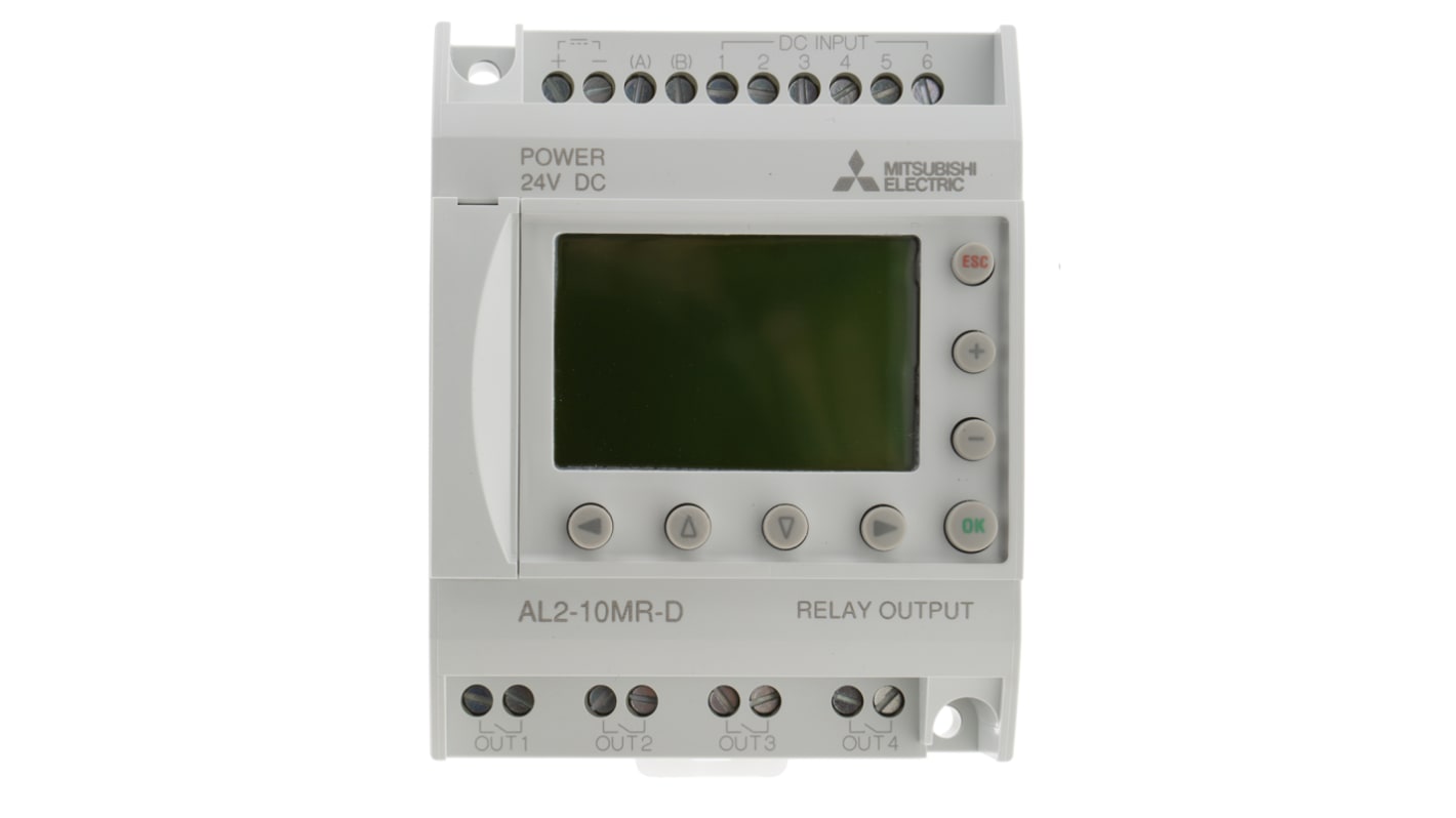 Modulo logico Mitsubishi Electric AL2-10MR-D per guida DIN, 6 ingressi digitali, 4 uscite relè, dimensioni 71.2 x 90 x 55 mm.