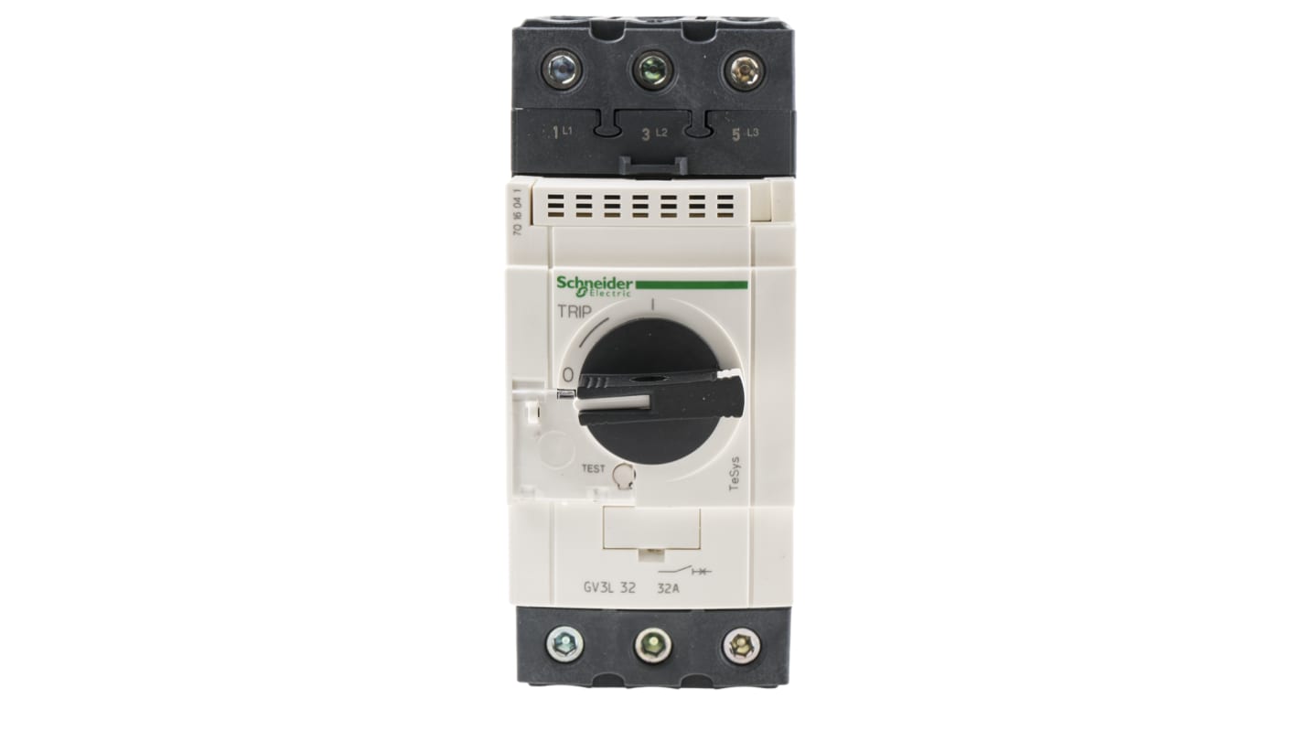 Interruttore termico Schneider Electric GV3L32, 3 poli, 32A, 690V. Protezione e controllo per motori da 5,5 kW a 30 kW. Alta affidabilità e capacità di interruzione.