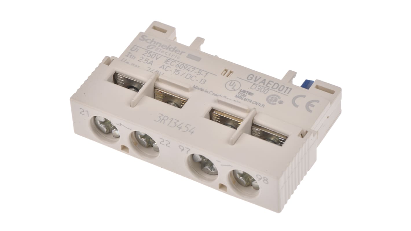 Blocco di contatti ausiliari Schneider Electric GVAED011, 1 N/C + 1 N/A, montaggio anteriore, per interruttori GV3.