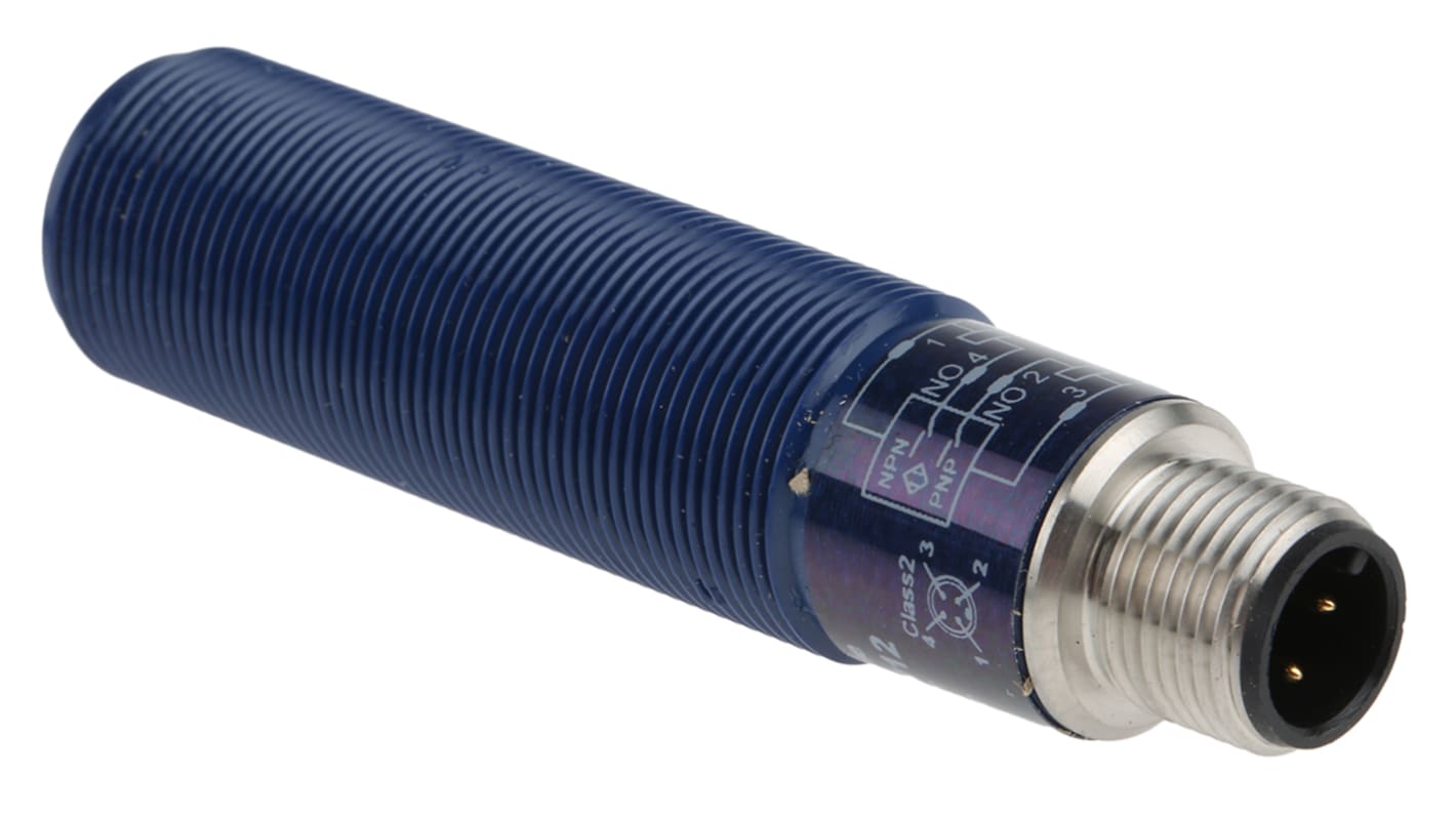 Sensore di prossimità cilindrico PNP M18 Telemecanique Sensors XX518A1KAM12, rilevamento 25-150 mm, alimentazione 12-24 V c.c., IP67.