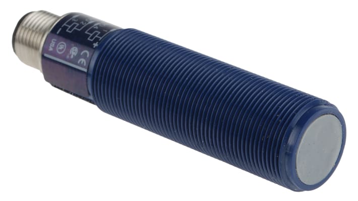 Sensore di prossimità cilindrico PNP M18 Telemecanique Sensors XX518A1KAM12, rilevamento 25-150 mm, alimentazione 12-24 V c.c., IP67.