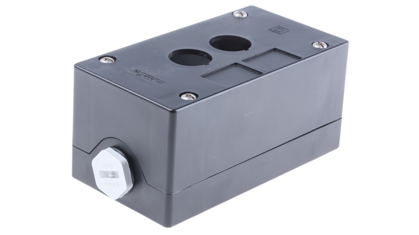 Scatola per pulsante Schneider Electric XALG02, in plastica nera, 2 fori da 22 mm, grado di protezione IP 66 e IP 69K.