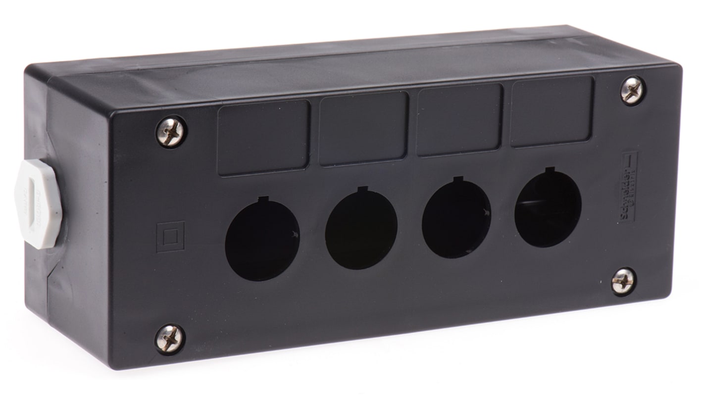 Contenitore plastica per pulsante Schneider Electric XALG04, 4 fori Ø 22mm, resistente a solidi, liquidi e sostanze chimiche. IP 66/69K.