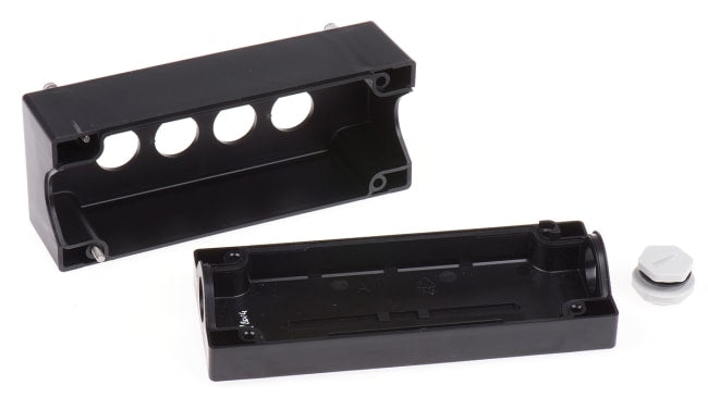 Contenitore plastica per pulsante Schneider Electric XALG04, 4 fori Ø 22mm, resistente a solidi, liquidi e sostanze chimiche. IP 66/69K.