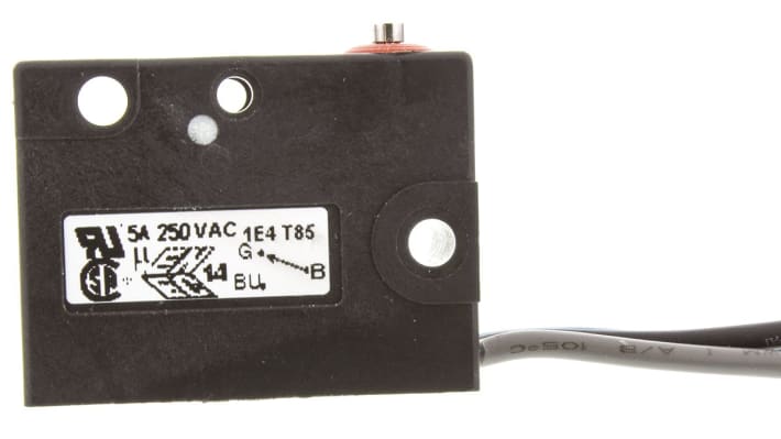 Microinterruttore Saia-Burgess V3S-UL SPDT, pre-cablato IP67, attuatore a stantuffo, corrente 5 A a 250 V, temperatura -40/+85 °C.