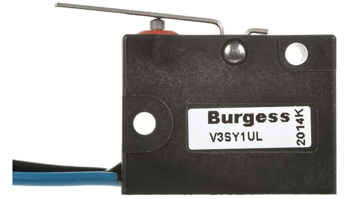 Microinterruttore Saia-Burgess V3SY1-UL SPDT, pre-cablato IP67, attuatore a leva, corrente 5 A, temperatura -40/+85 °C.