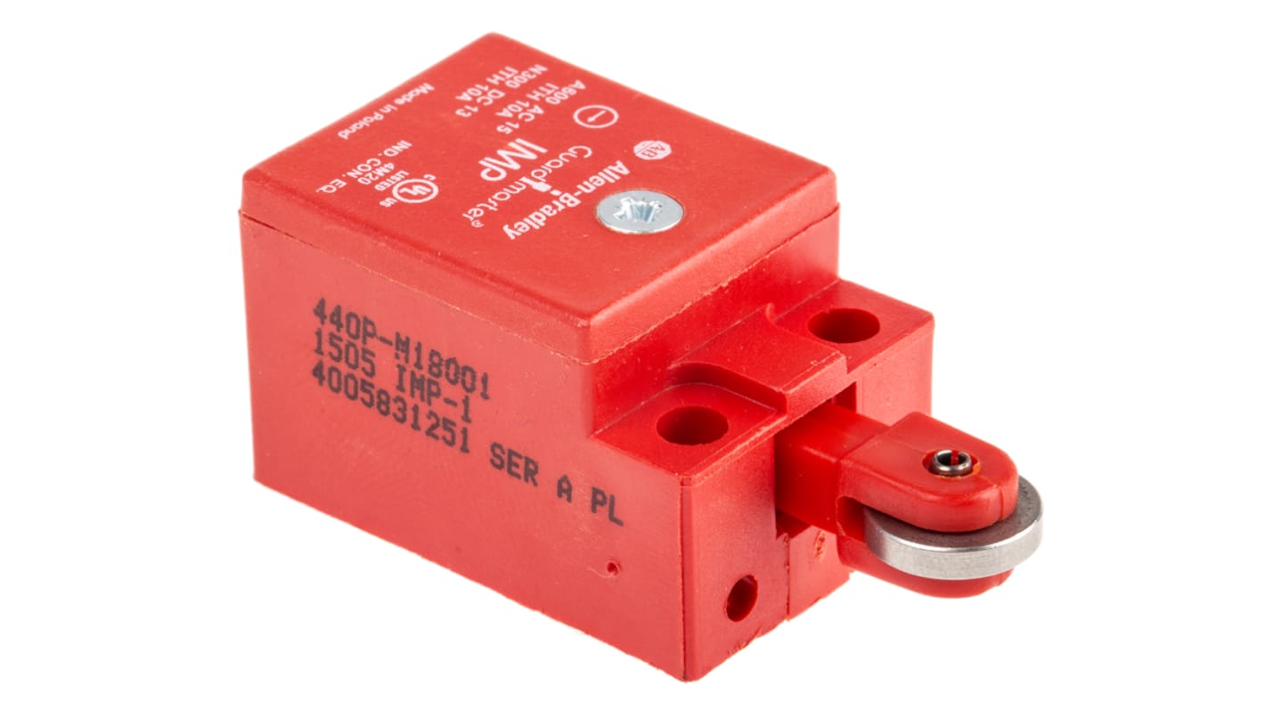 Interruttore di interblocco Allen Bradley 440PM18001, attuatore a rullo NO/NC, grado di protezione IP30, dimensioni 54mm x 25mm x 23.3mm.