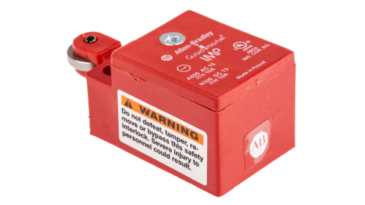 Interruttore di interblocco Allen Bradley 440PM18001, attuatore a rullo NO/NC, grado di protezione IP30, dimensioni 54mm x 25mm x 23.3mm.