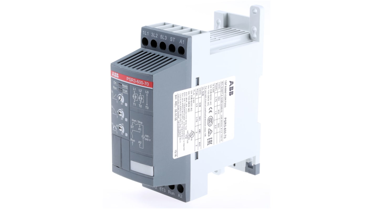 Avviatore soft-start ABB 1SFA896103R7000, 3 fasi, 1,5 kW, 600 V, IP20, dimensioni 113,5 x 45 x 140 mm.