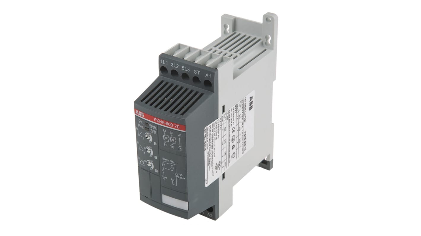 Avviatore soft-start ABB 1SFA896104R7000, 3 fasi, 3 kW, 600 V, IP20, dimensioni 113,5 x 45 x 140 mm.