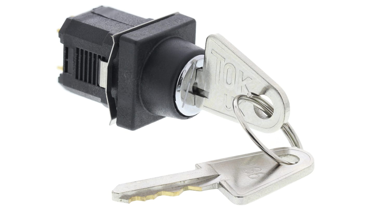 Interruttore a chiave a 3 posizioni Saia-Burgess 60538, corrente 100 mA, fissaggio a clip, profondità 19.8 mm, 2 chiavi incluse.