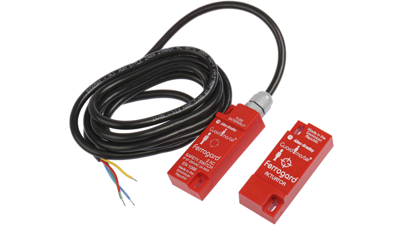 Interruttore di sicurezza magnetico Allen Bradley 440N-G02002, 250V, contatti NC, grado di protezione IP67, dimensioni 76 x 30 x 15 mm.