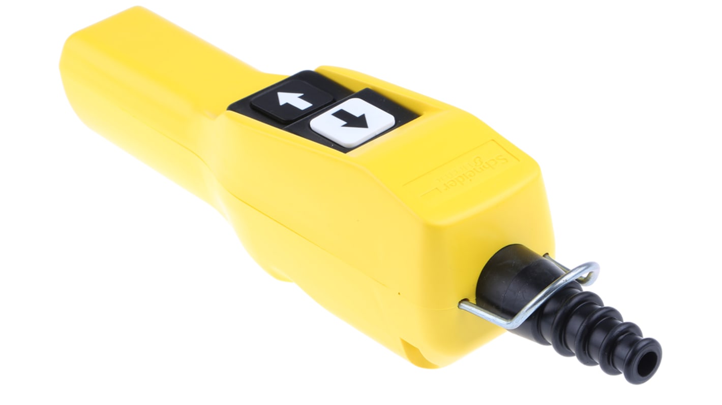 Stazione pensile a pulsante Schneider Electric XACA215, corpo giallo, 2 NA/2 NC, IP65, temperatura -25/+70 °C, design ergonomico.