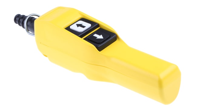 Stazione pensile a pulsante Schneider Electric XACA215, corpo giallo, 2 NA/2 NC, IP65, temperatura -25/+70 °C, design ergonomico.