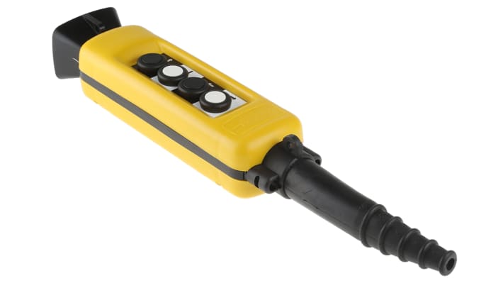 Stazione pensile a pulsante SPST Schneider Electric XACA04SPEC0279, quattro pulsanti, grado di protezione IP65, colore giallo.
