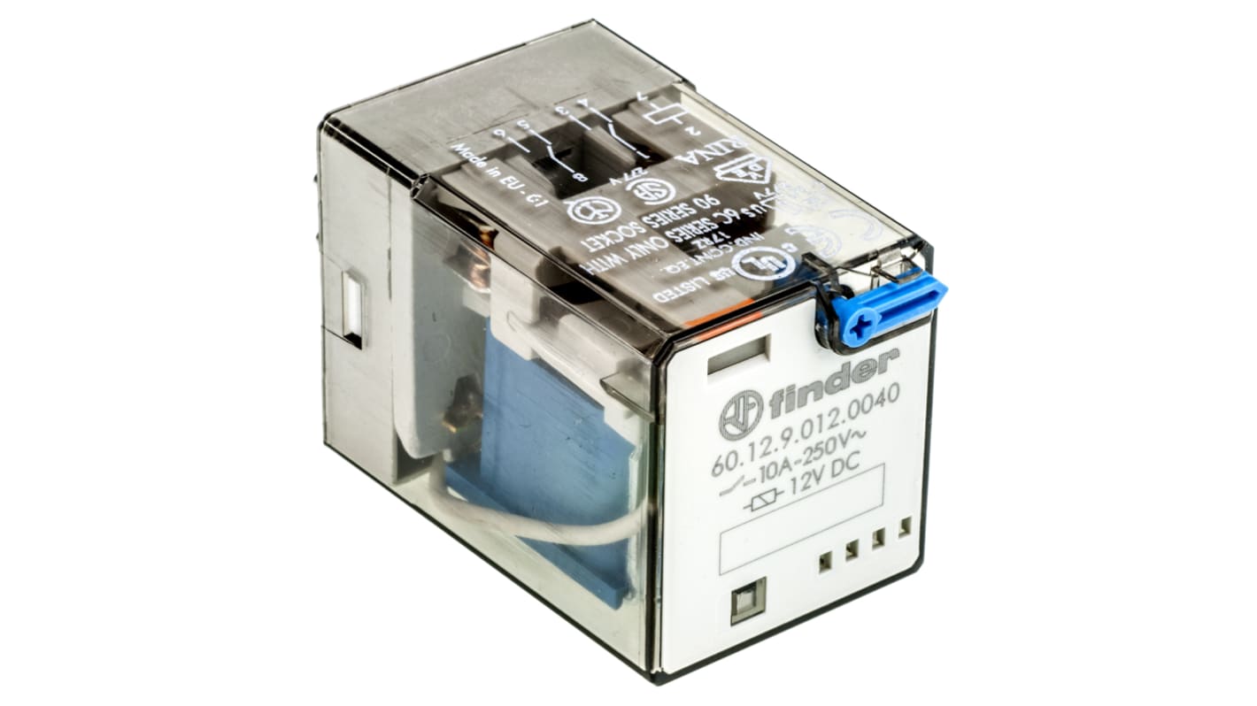 Finder 60.12.9.012.0040, relè DPDT 12V cc, corrente 10 A, dimensioni 32,5 x 36,4 x 54,2 mm, temperatura -40/+70°C.