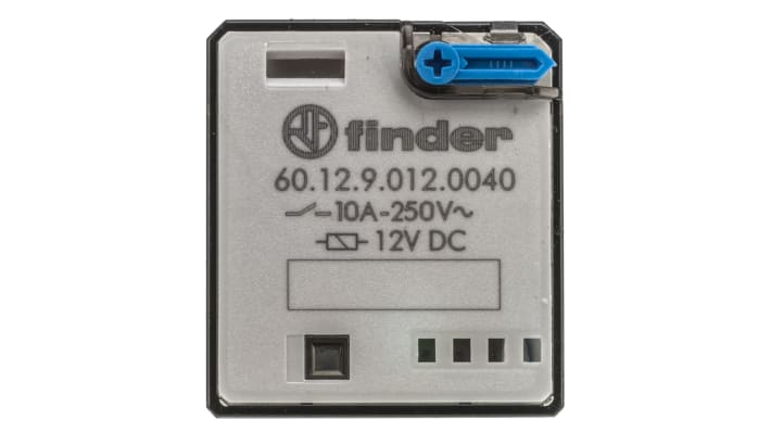 Finder 60.12.9.012.0040, relè DPDT 12V cc, corrente 10 A, dimensioni 32,5 x 36,4 x 54,2 mm, temperatura -40/+70°C.