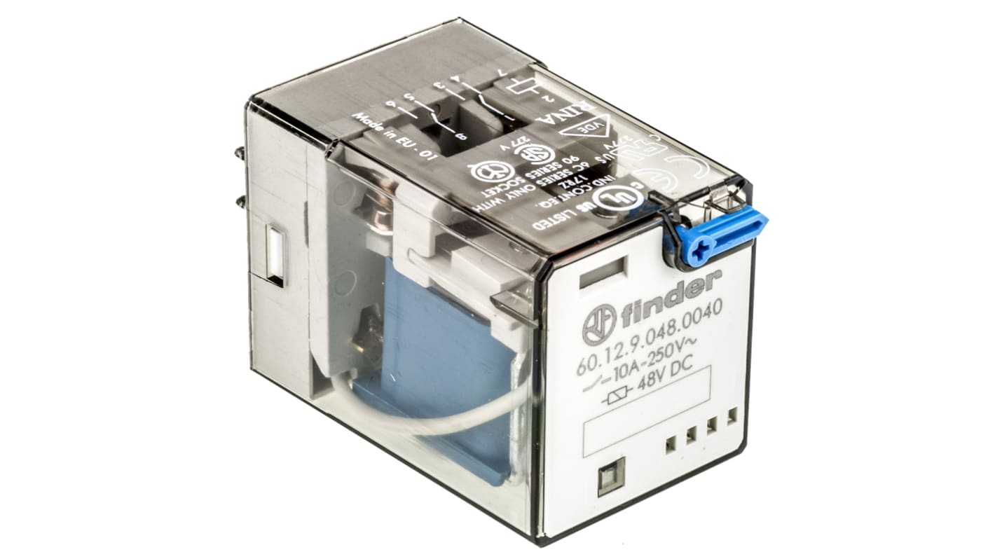 Finder 60.12.9.048.0040, relè DPDT 48V cc, montaggio a innesto, corrente 10A, dimensioni 32,5x36,4x54,2 mm.