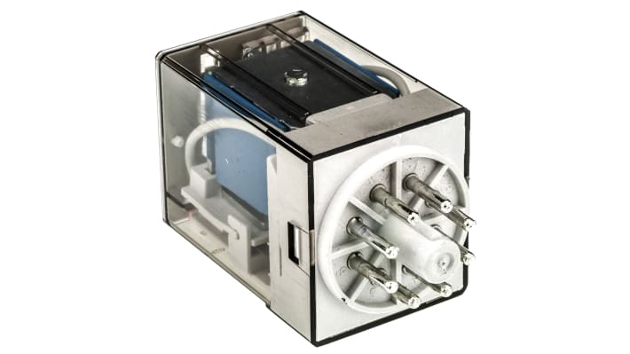 Finder 60.12.9.048.0040, relè DPDT 48V cc, montaggio a innesto, corrente 10A, dimensioni 32,5x36,4x54,2 mm.