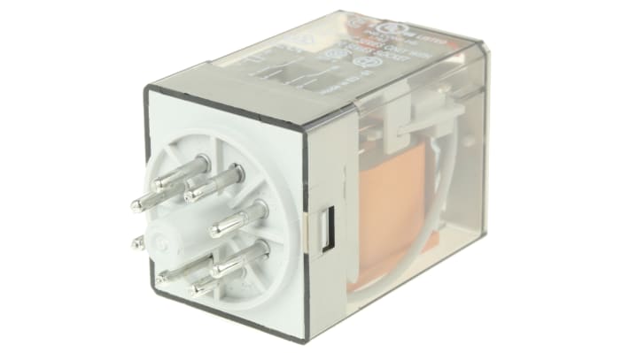 Finder 60.12.8.012.0040, relè di potenza DPDT 12V, corrente nominale 10 A, dimensioni 32,5 x 54,2 x 36,4 mm.