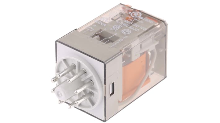 Finder 60.12.8.024.0040, relè di potenza DPDT 24V, contatti 10 A a 250 V, dimensioni 32,5 x 54,2 x 36,4 mm.