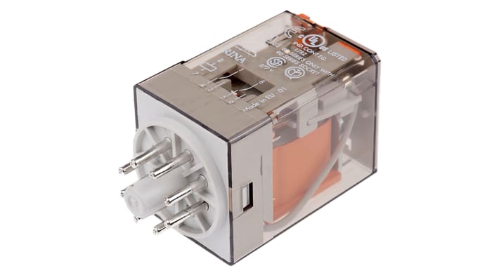 Finder 60.12.8.048.0040, relè di potenza DPDT 48V, contatti 10 A a 250 V, dimensioni 32,5 x 36,4 x 54,2 mm.