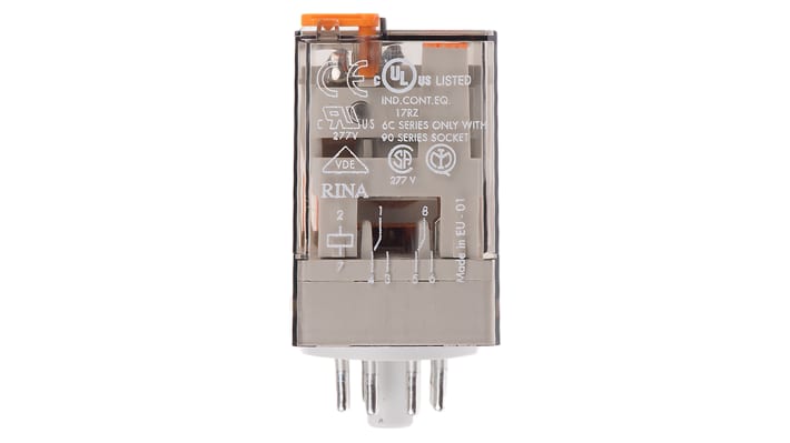 Finder 60.12.8.048.0040, relè di potenza DPDT 48V, contatti 10 A a 250 V, dimensioni 32,5 x 36,4 x 54,2 mm.