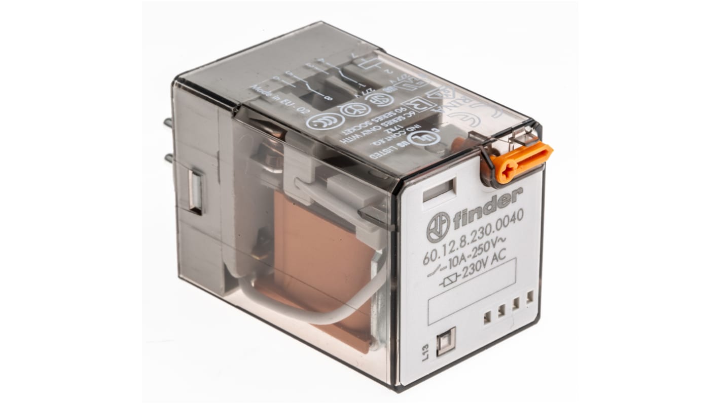 Finder Relè di potenza DPDT 230V, montaggio a innesto, corrente 10A, dimensioni 32,5mm x 54,2mm x 36,4mm.