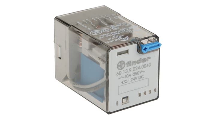 Finder 60.13.9.024.0040, relè di potenza 3PDT 24V cc, montaggio a innesto, dimensioni 32,5 x 36,4 x 54,2 mm.