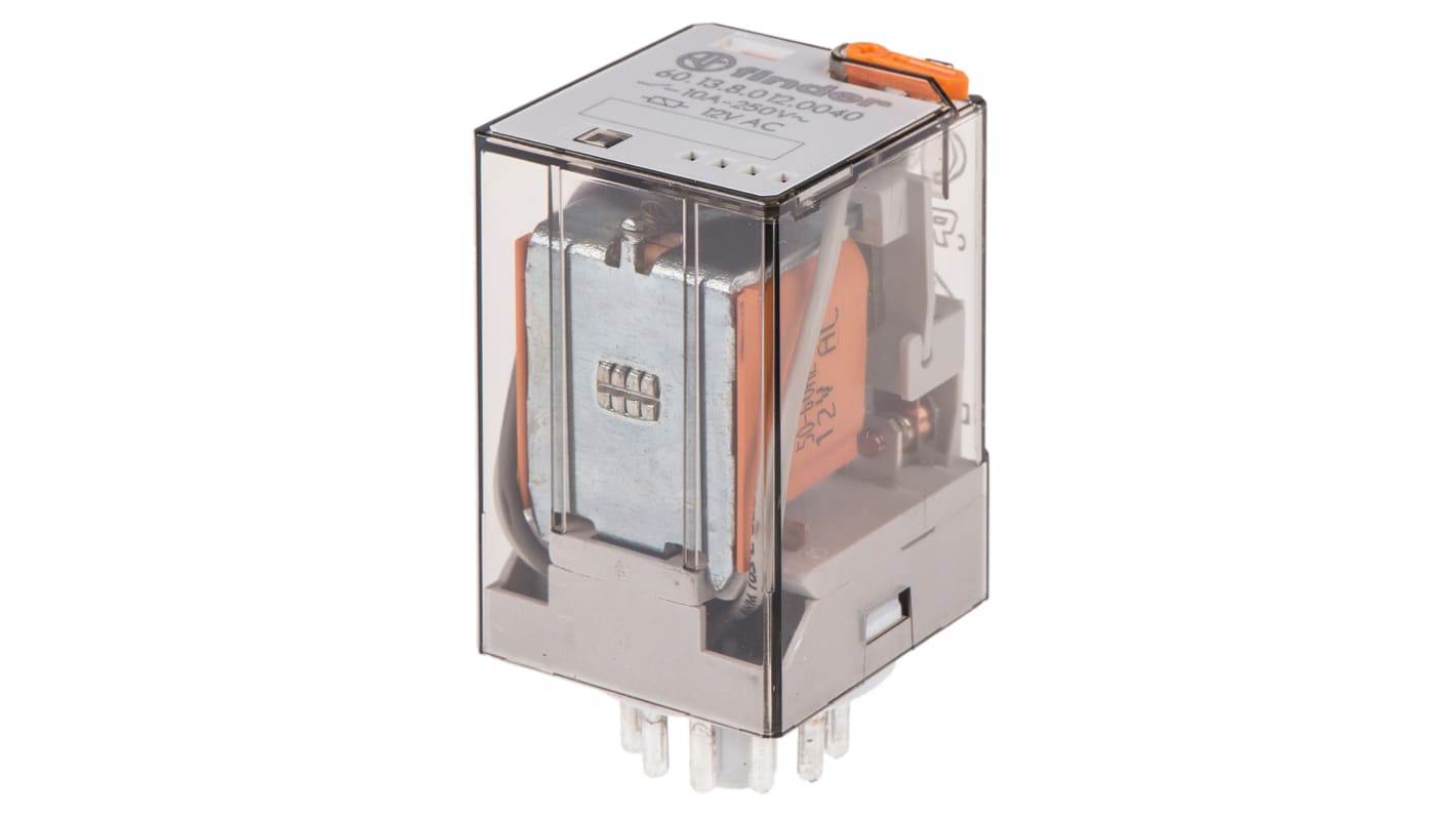 Relè di potenza Finder 60.13.8.012.0040, 3PDT, bobina 12V, corrente nominale 10 A, dimensioni 32,5 x 54,2 x 36,4 mm.