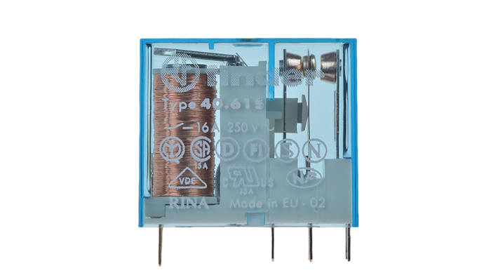 Finder 40.61.7.006.0000, relè di potenza SPDT, bobina 6V cc, montaggio su PCB, dimensioni 25x29x12,4 mm.