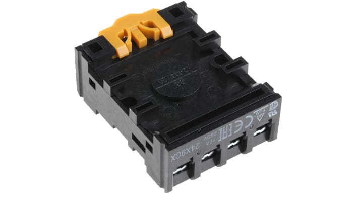 Zoccolo per relè Omron PF083A-E, 8 pin, montaggio su guida DIN, corrente 10 A, tensione 250 V, dimensioni 52 x 41 x 21 mm.